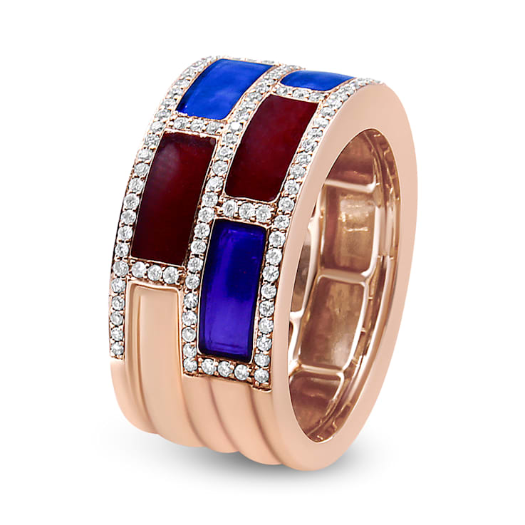 18K Rose Gold Alternating Red and Blue Enamel and 1/2 Cttw Diamond
Studded Band Ring