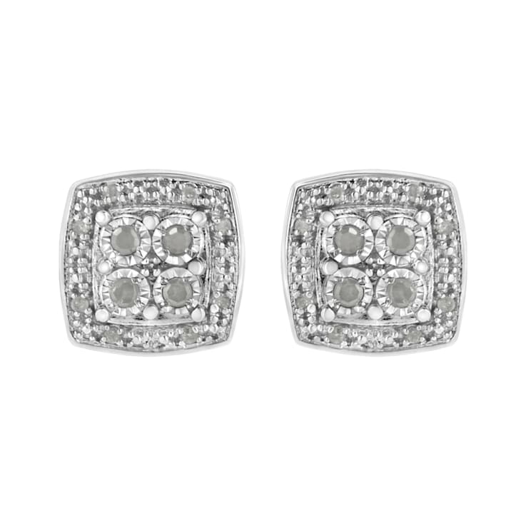 0.25ctw Round-Cut Diamond Sterling Silver Square-Shaped Milgrain Stud Earrings
