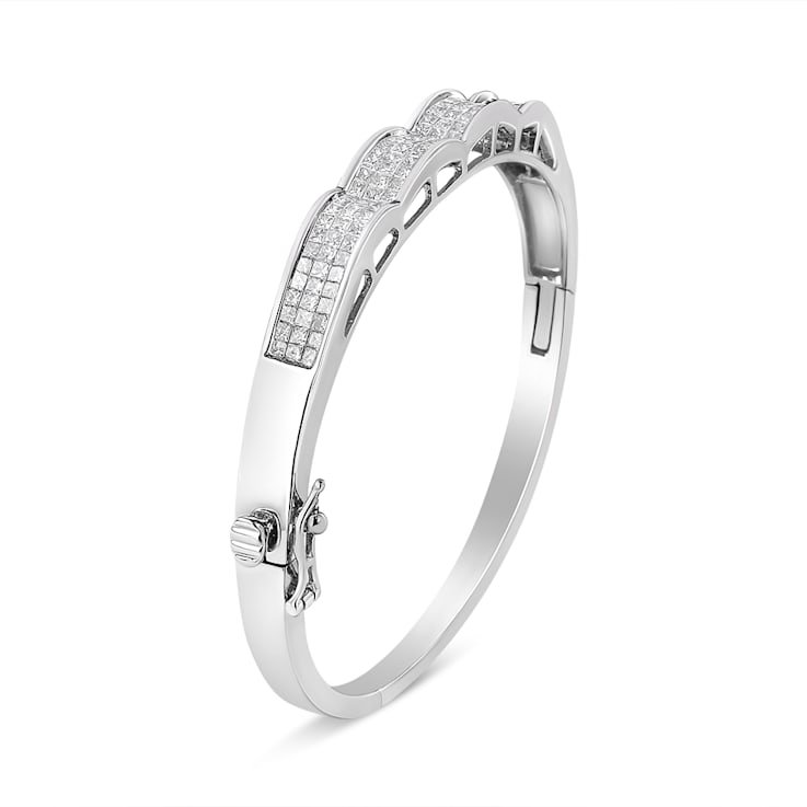 14K White Gold 3 1/3ctw Invisible Set Princess-Cut Diamond Wave Bangle Bracelet