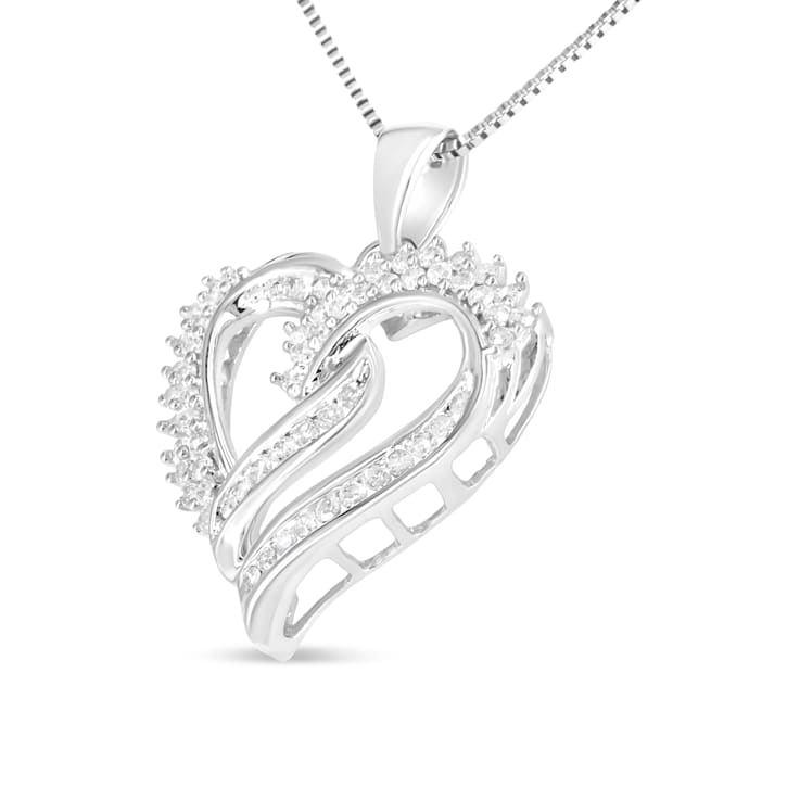 0.50ctw Double-Row Diamond Sterling Silver Heart Pendant with Chain
