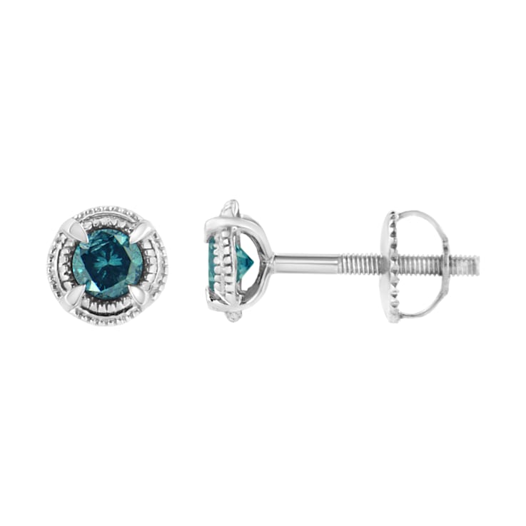 1.50ctw Treated Blue Diamond Solitaire Sterling Silver Stud Earrings
