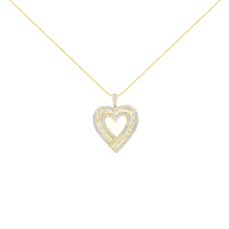 1.375ctw Baguette Diamond 14K Yellow Gold Over Sterling Silver Heart Necklace