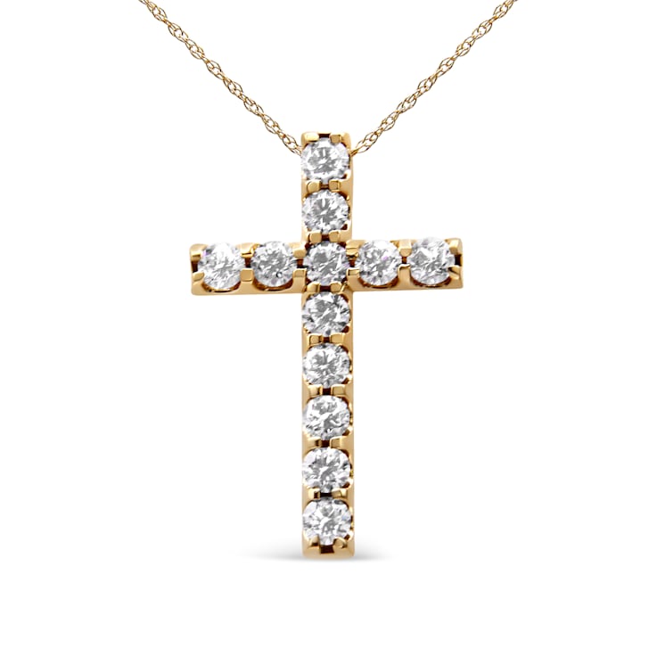 14K Yellow Gold 1 1/10 Cttw Prong-Set Round Brilliant Cut Diamond Cross
Pendant Necklace
