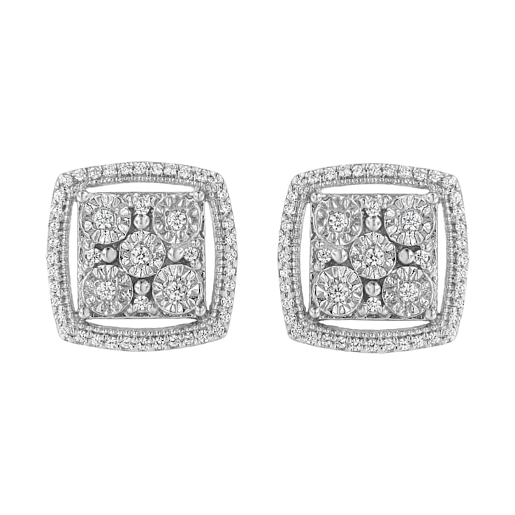 Sterling Silver 3/8ctw Miracle Set Round Diamond Double Halo Cluster Earrings