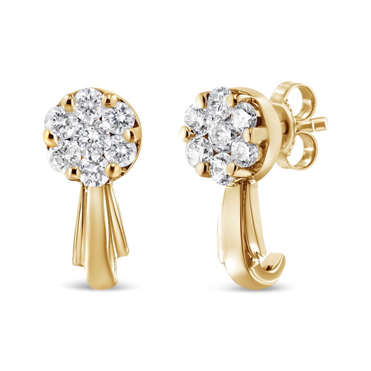 14K Yellow Gold 3/4ctw Diamond Floral Cluster Drop and Dangle Stud Earrings