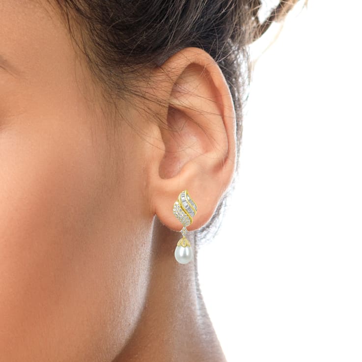 18k Yellow Gold 7.0 Cttw Baguette and Round Diamond South Sea Pearl Drop
Dangle Omega Earrings