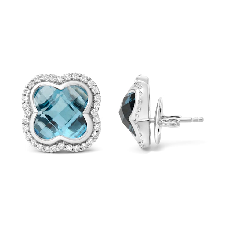 18K White Gold Clover Cut Blue Topaz Gemstone with Round Diamonds Halo
Stud Earrings