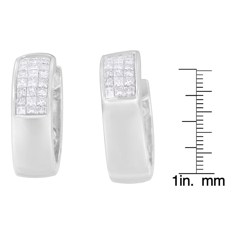 14K White Gold 1 1/8ctw Princess and Round Cut Diamond Huggie Earrings