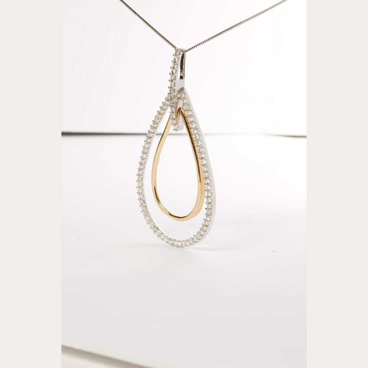 14K Two-Tone Gold Round Cut Diamond Double Burst Pendant Necklace 1.00ctw