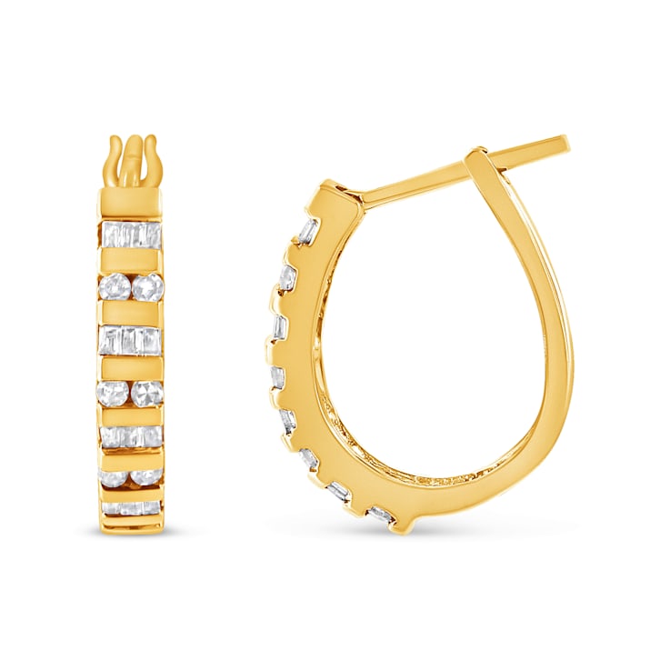 10K Yellow Gold 1.0ctw Round and Baguette-Cut Diamond Hoop Earrings