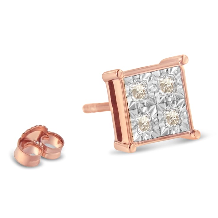 10K Rose Gold Over Sterling Silver Princess Diamond Quad Stud Earrings 0.5ctw
