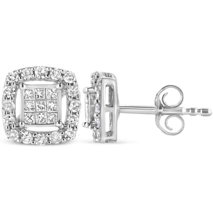 Sterling Silver 1/2ctw Round and Princess-Cut Diamond Stud Earrings