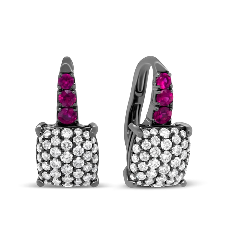 Black Rhodium Over 18K White Gold 7/8 Cttw Round Diamond and Graduated
Ruby Drop Earrings