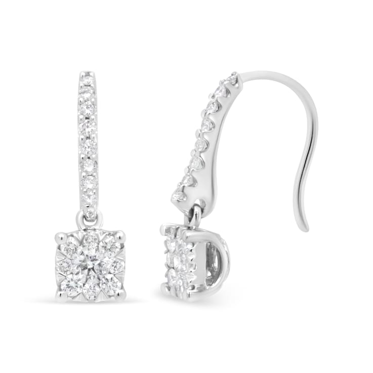 14K White 1/2ctw Round Diamond Halo Dangle Hook Earring