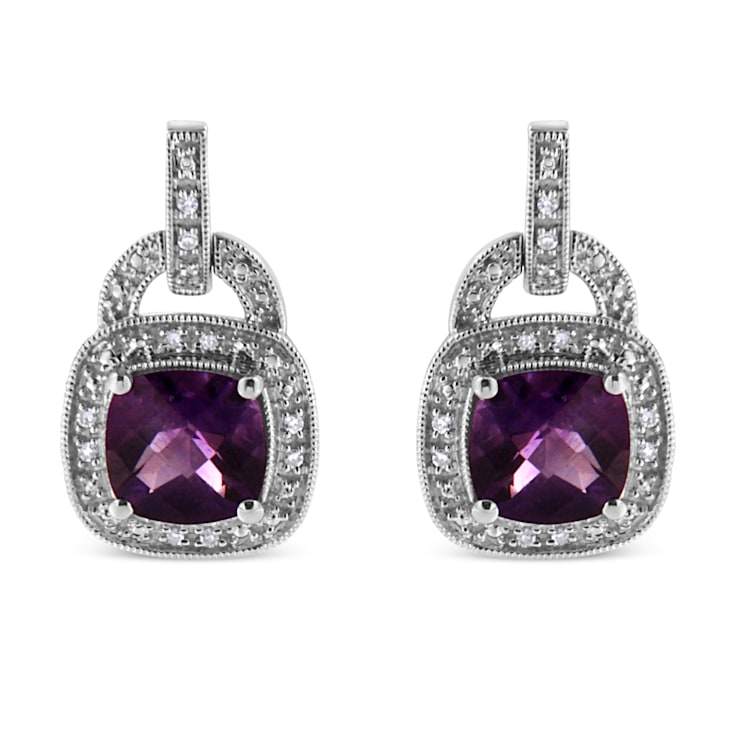Sterling Silver 8MM Cushion Shaped Amethyst and Diamond Accent Halo with
Push Back Dangle Earrings
