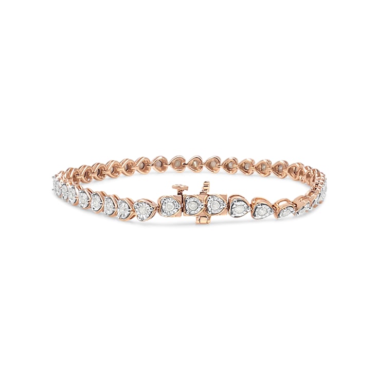 10K Rose Gold Over Sterling Silver 1.0 Ctw Diamond Heart Tennis Bracelet