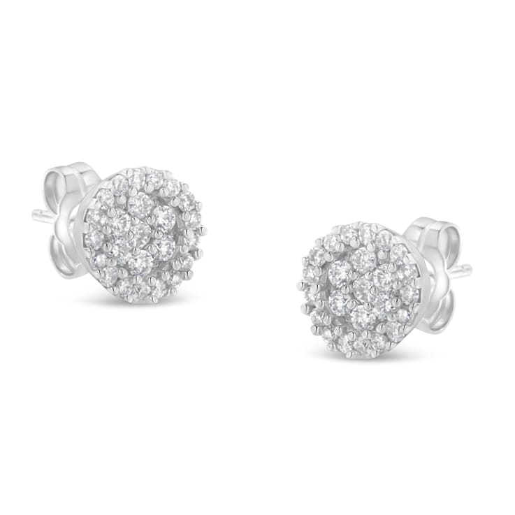 14K White Gold 1/2ctw Brilliant-Cut Diamond Halo-Style Cluster Round
Button Stud Earrings