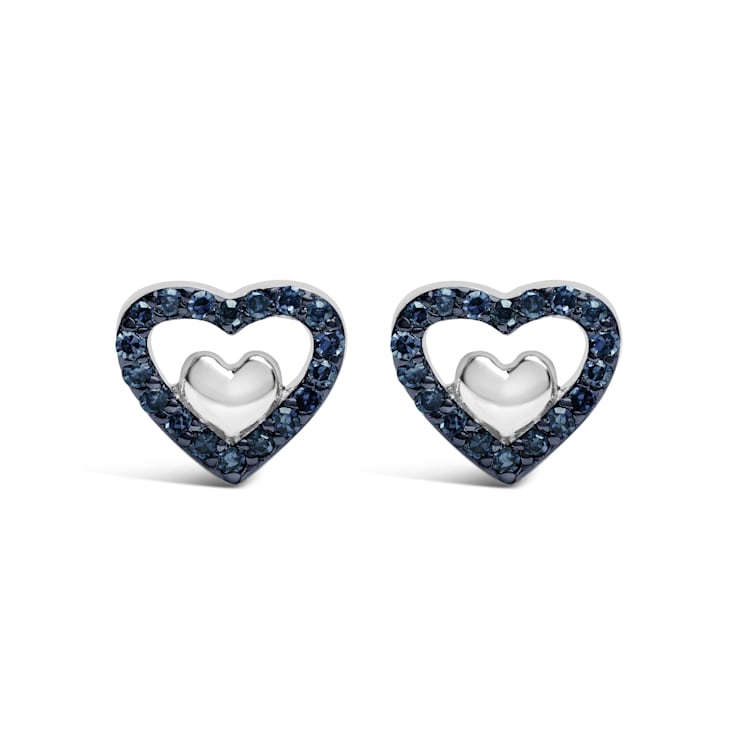 Sterling Silver 1/6 Cttw Blue Diamond Open Double Heart Stud Earrings