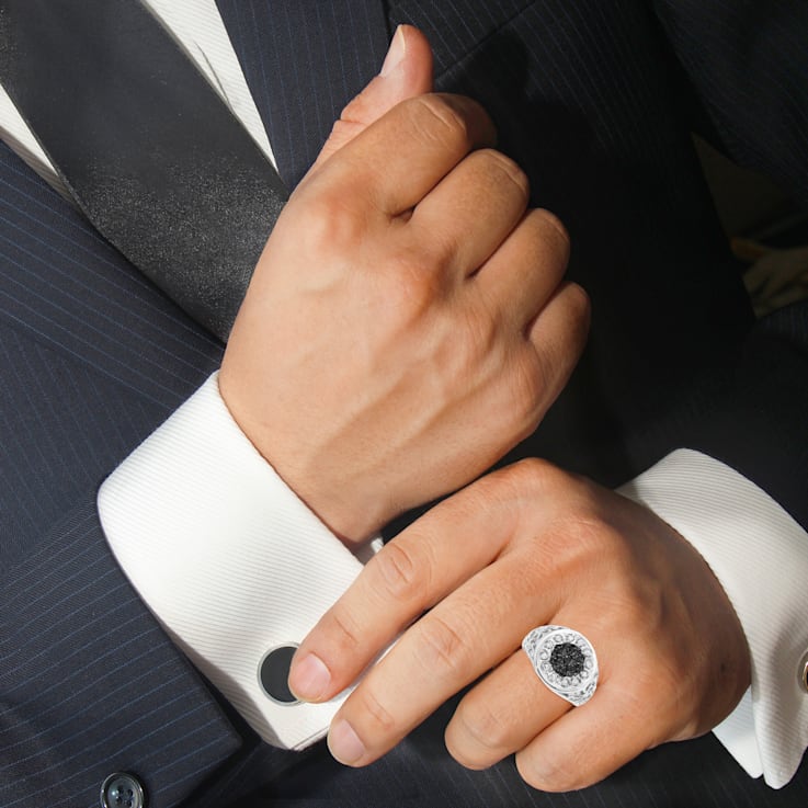 Sterling Silver 1/4ctw White and Black Diamond Halo Cluster Ring for Men
(I-J Color, I3 Clarity)