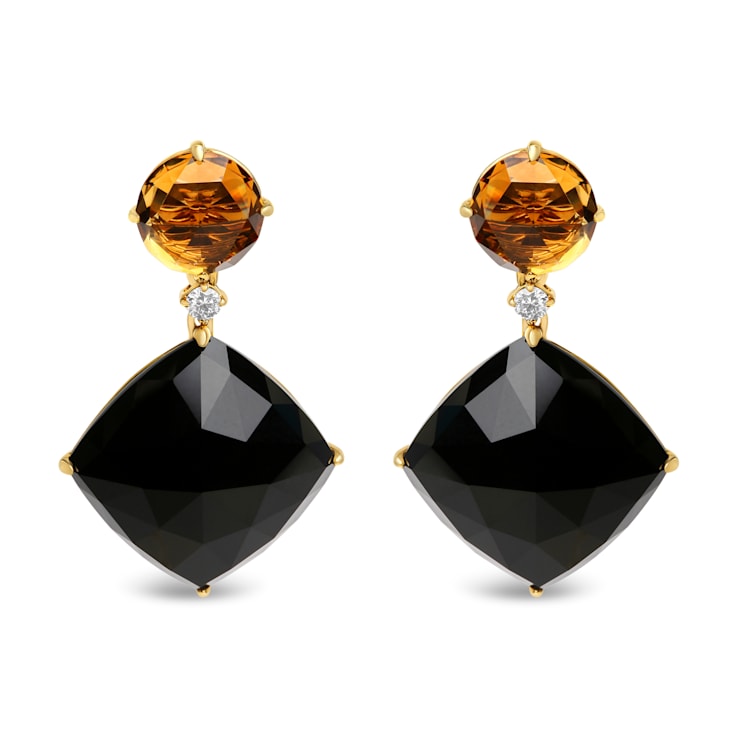 18K Yellow Gold Round Citrine and Cushion Cut Onyx Gemstone with Diamond
Accent Dangle Earrings