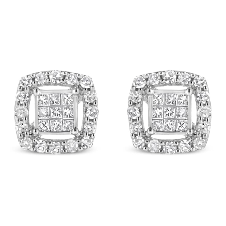 Sterling Silver 1/2ctw Round and Princess-Cut Diamond Stud Earrings
