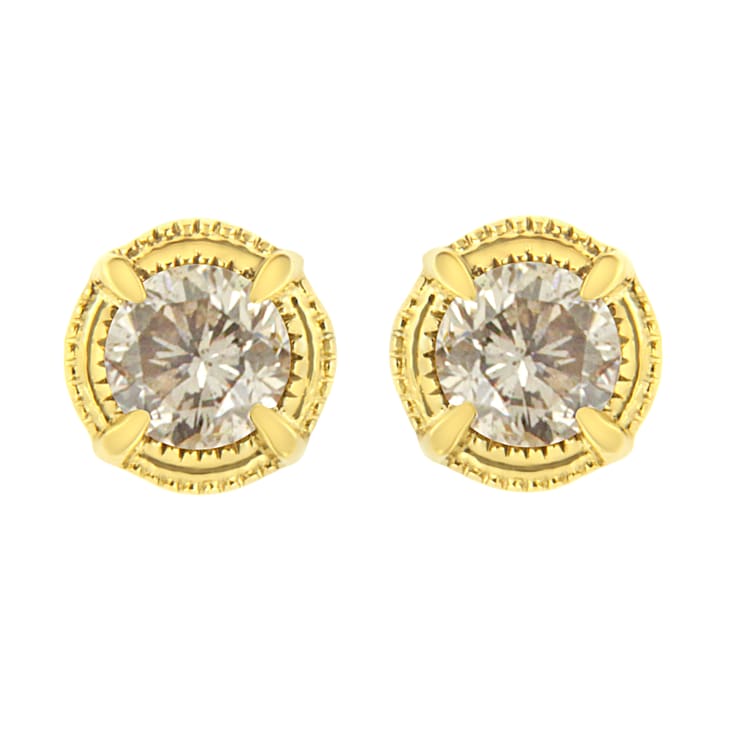 14K Yellow Gold Over Sterling Silver 1/3ctw Round Diamond Solitaire
Milgrain Stud Earrings