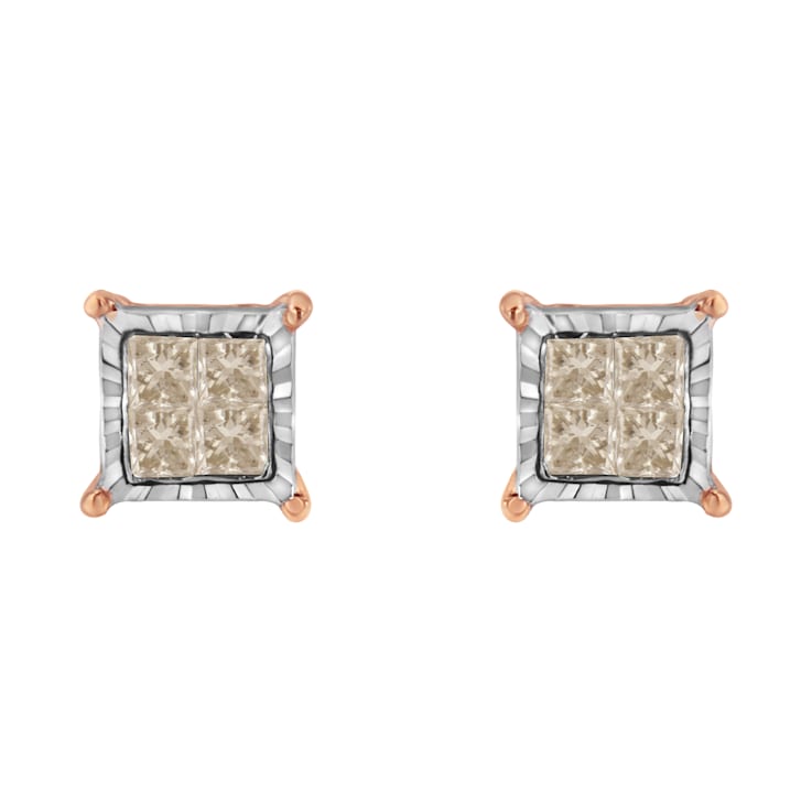 10K Two-Tone Gold Princess-Cut Diamond Stud Earrings 1/2ctw