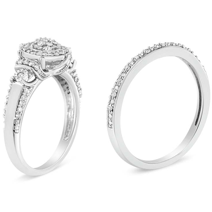 Sterling Silver 1/3ctw Diamond 7 Stone Cluster and Halo Engagement and
Wedding Band Set