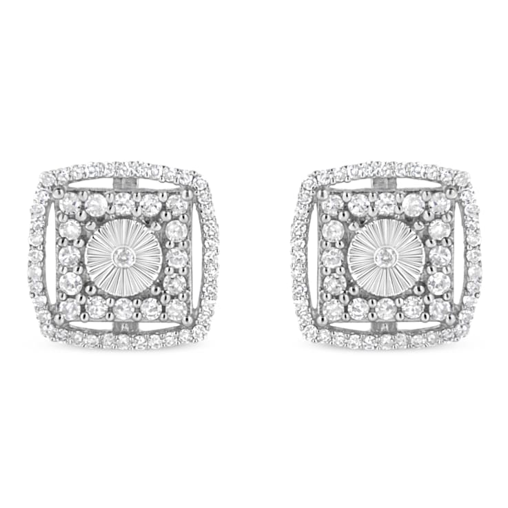 Sterling Silver 1.0ctw Round Diamond Double Halo and Disc Stud Earring