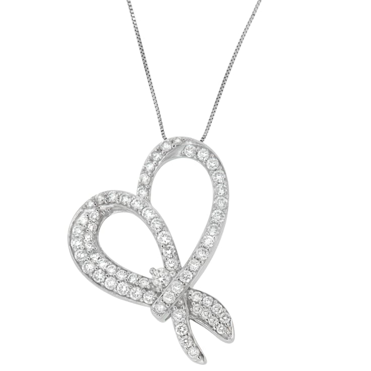 10K White Gold 1ctw Round Cut Diamond Heart and Bow Pendant w\chain
(G-H, SI1-SI2)