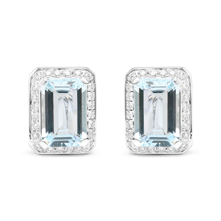 18K White Gold Emerald Cut Aquamarine Gemstone with Round Diamonds Halo Omega Clip Stud Earrings