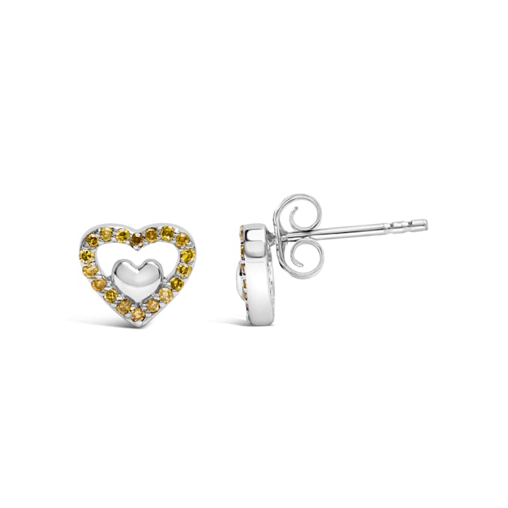 Sterling Silver 1/6 Cttw Yellow Diamond Open Double Heart Stud Earrings