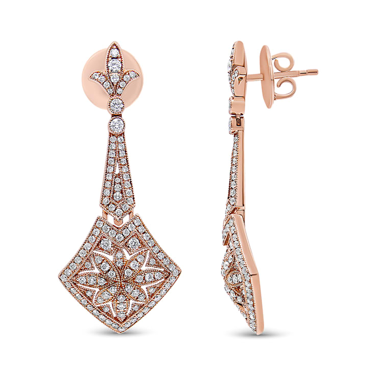 18K Rose Gold 1 1/3ctw Diamond Studded Fleur De Lis Drop and Dangle Earrings