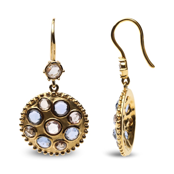 18K Yellow Gold Special Cut Round Blue Sapphire with White and Brown
Diamond Cluster Dangle Earrings