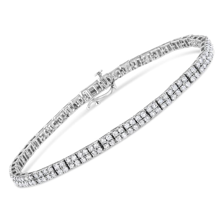 Sterling Silver 3.0ctw Prong-Set Round Diamond 2 Row Link Tennis Bracelet