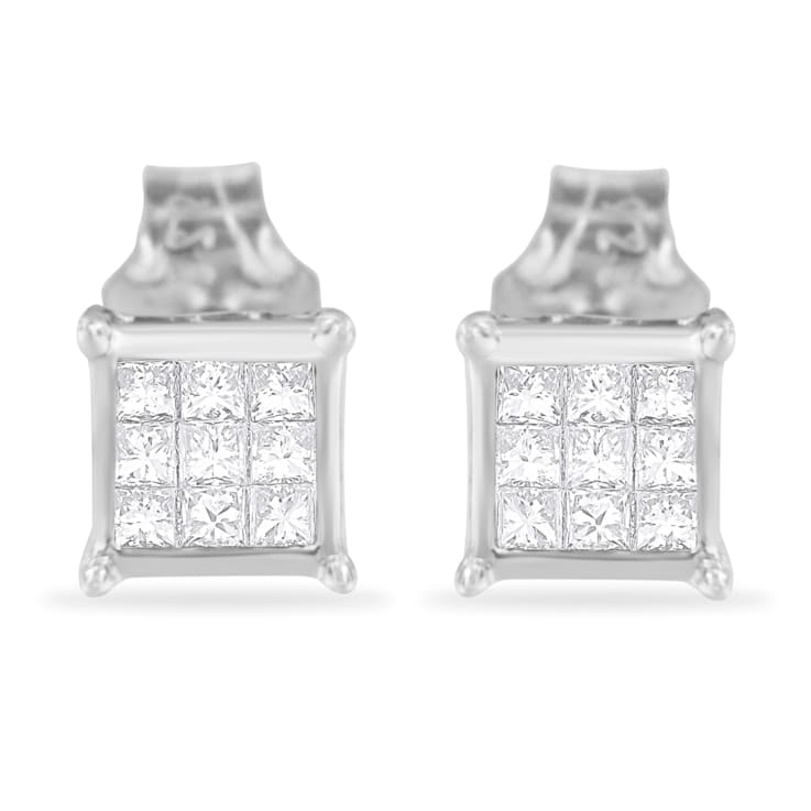 Sterling Silver Princess Cut Diamond Square Stud Earrings .30ctw