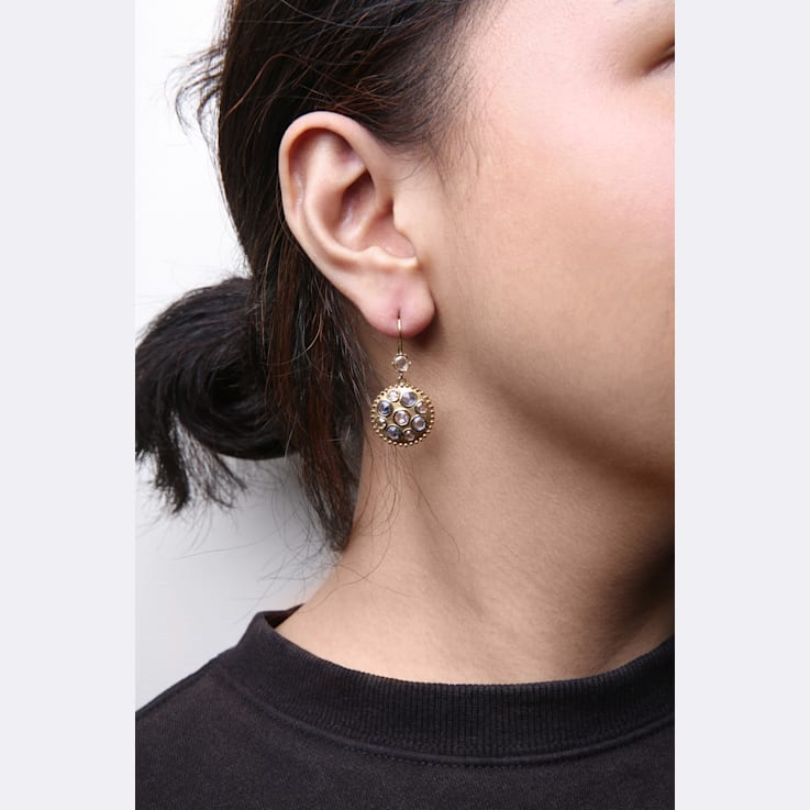 18K Yellow Gold Special Cut Round Blue Sapphire with White and Brown
Diamond Cluster Dangle Earrings