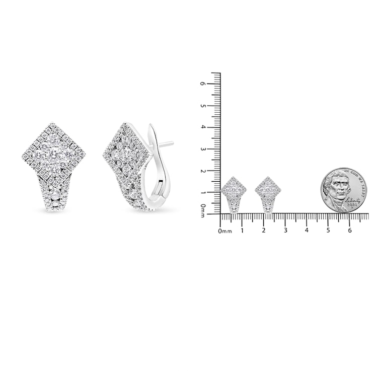 18K White Gold 1 1/10ctw Round Diamond Cluster with Halo Hoop Huggie Earrings