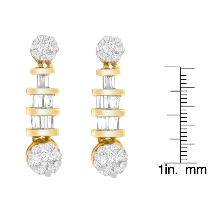 14K Yellow Gold 3/4ctw Round and Baguette-cut Diamond Earrings