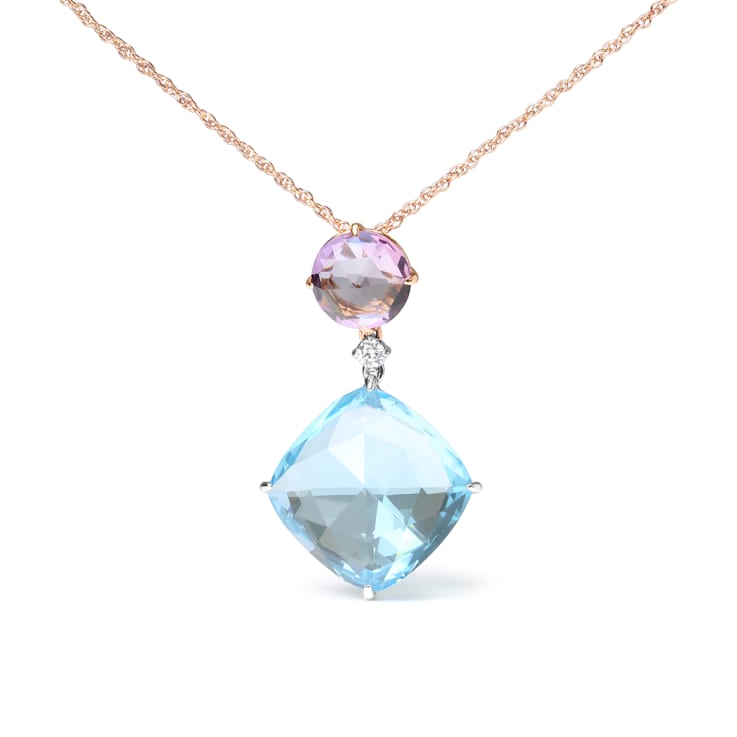 18K Two-tone Gold Cushion Cut Blue Topaz and Round Pink Amethyst with
Diamond Accent Dangle Pendant