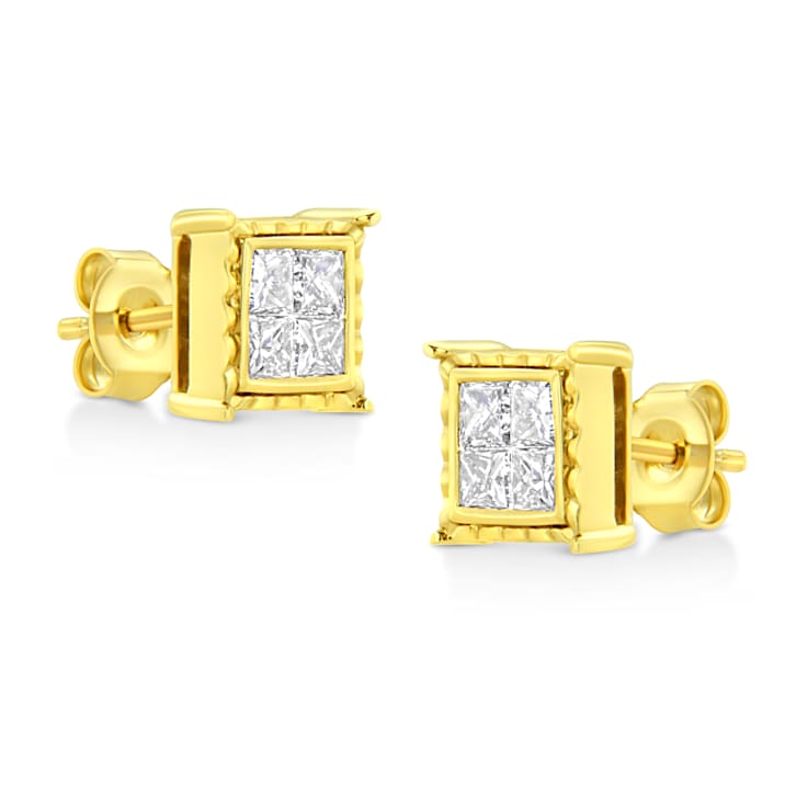 14K Yellow Gold 1.0ctw Invisible Set Princess-Cut Diamond Composite 8
Stone Stud Earrings