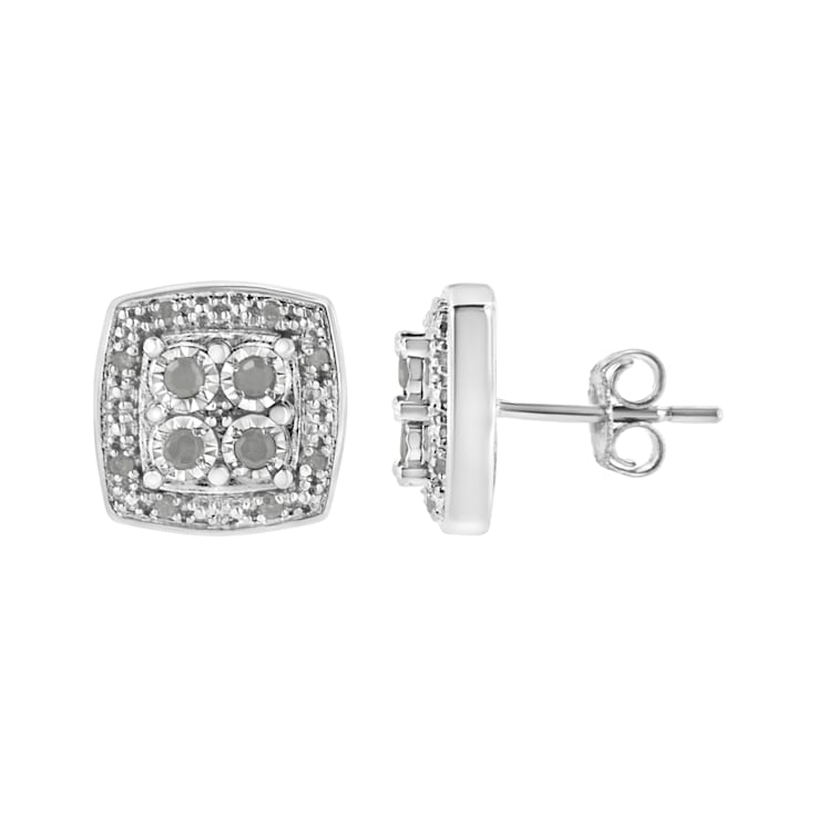 0.25ctw Round-Cut Diamond Sterling Silver Square-Shaped Milgrain Stud Earrings