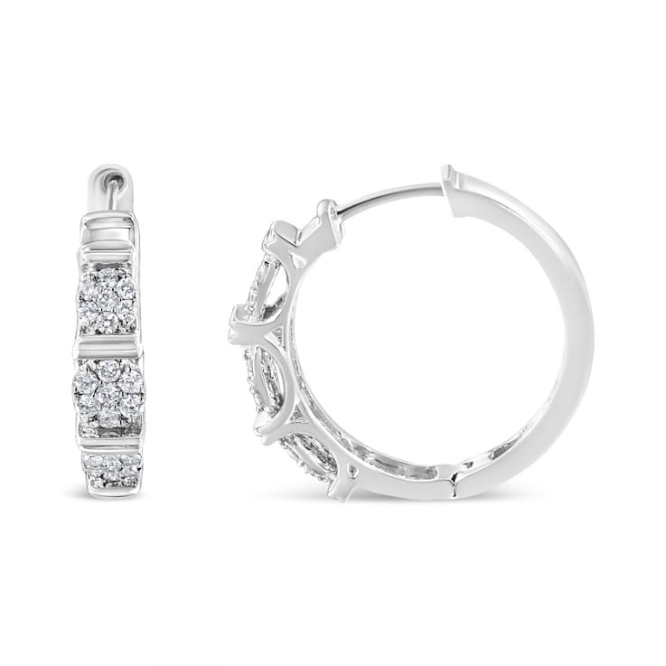 Sterling Silver 1/2ctw Lab Grown Round Diamond Floral Cluster Hoop Earrings