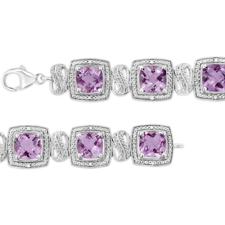 .925 Sterling Silver 7x7 mm Cushion Cut Amethyst and 1/10ctw Round
Diamond Tennis Bracelet
