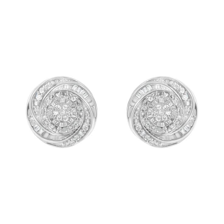Sterling Silver .25ctw Baguette and Round Diamond Swirl Love Knot Stud Earrings