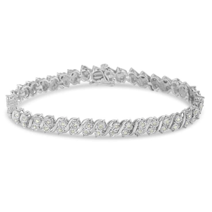Sterling Silver 1.0ctw Rose Cut Diamond Two Stone S Link Tennis Bracelet