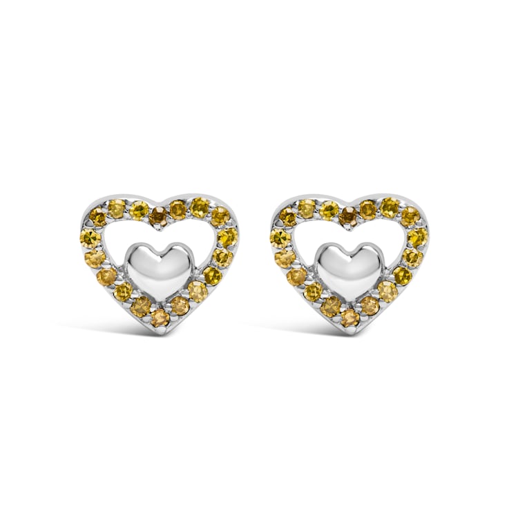 Sterling Silver 1/6 Cttw Yellow Diamond Open Double Heart Stud Earrings
