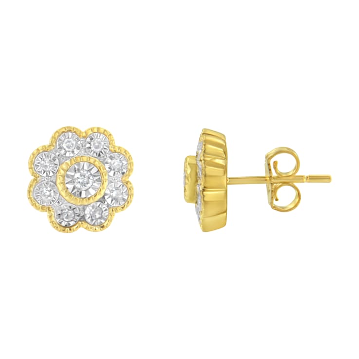 14K Yellow Gold Over Sterling Silver 1/6ctw Miracle-Plate Set Diamond
Floral Stud Earrings