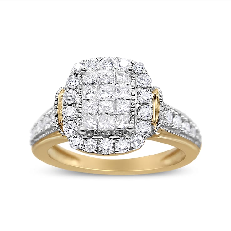 1.00ctw Round and Baguette Diamond 14K Yellow and White Gold Halo Ring