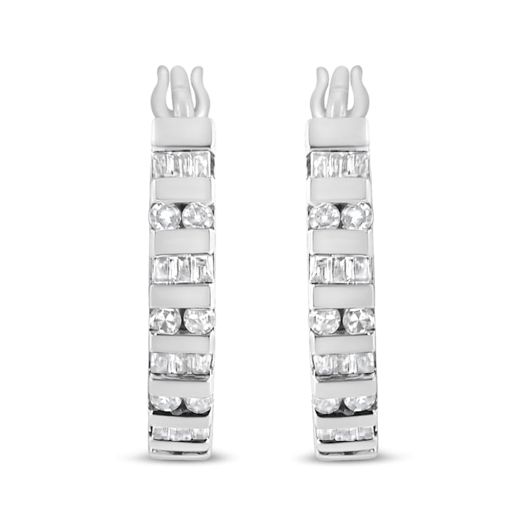 10K White Gold 1.0ctw Round and Baguette-Cut Diamond Hoop Earrings